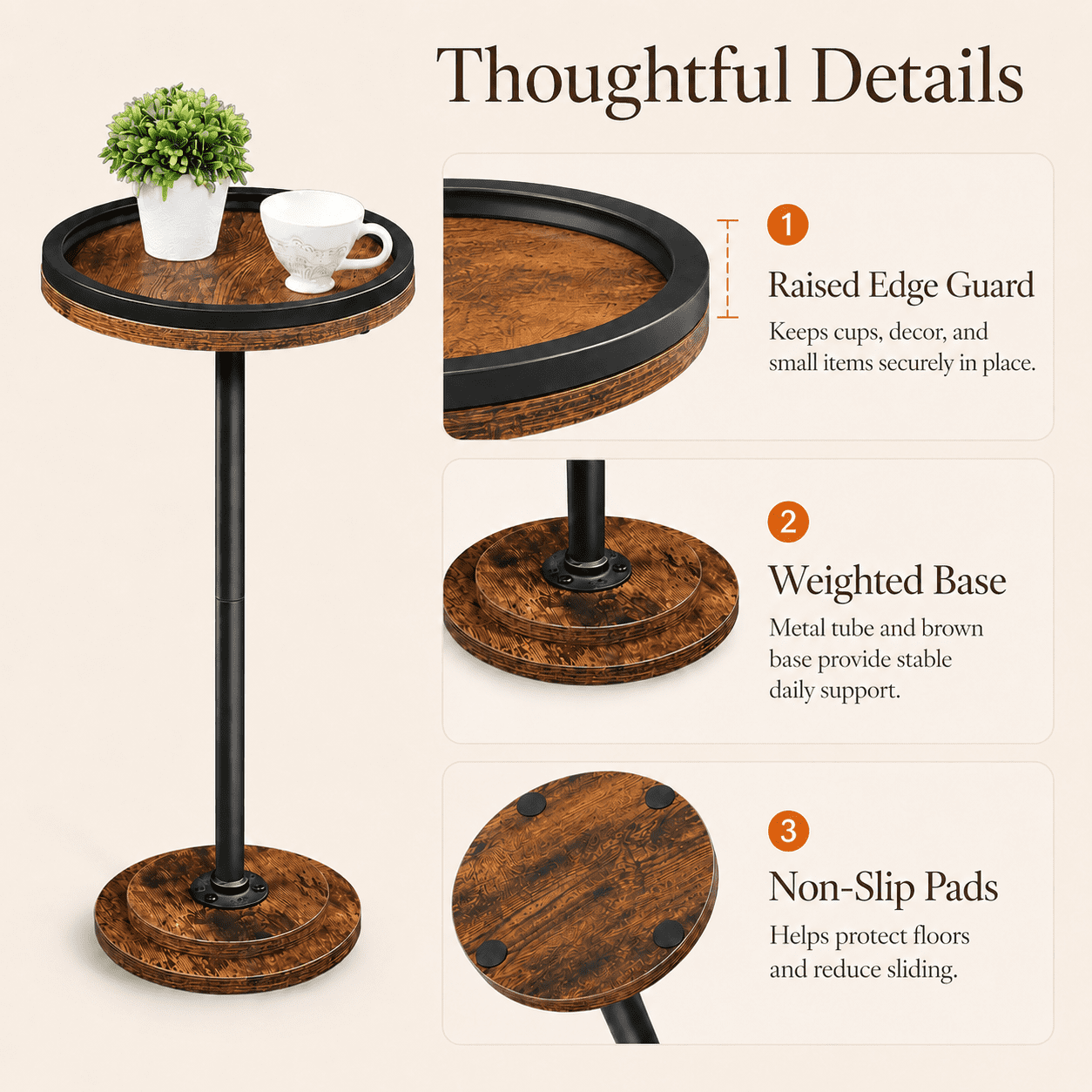MEHOOM Round Side Table, Rustic Brown Drink Table for Small Spaces, Modern Accent End Table for Living Room, Bedroom