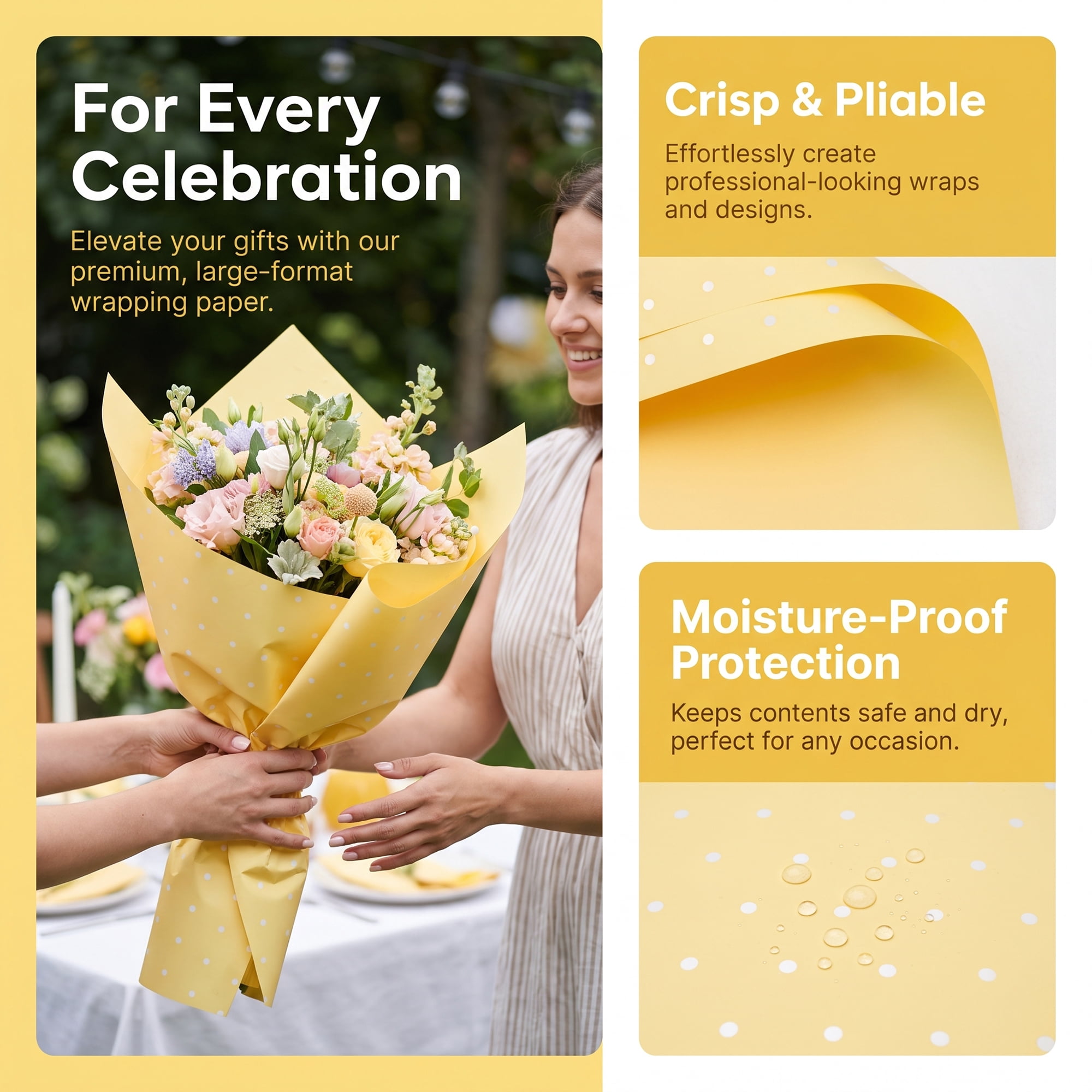 Unique Bargains Waterproof Luxury Matte Gift Wrapping Paper for Bouquets Yellow 22" x 22"
