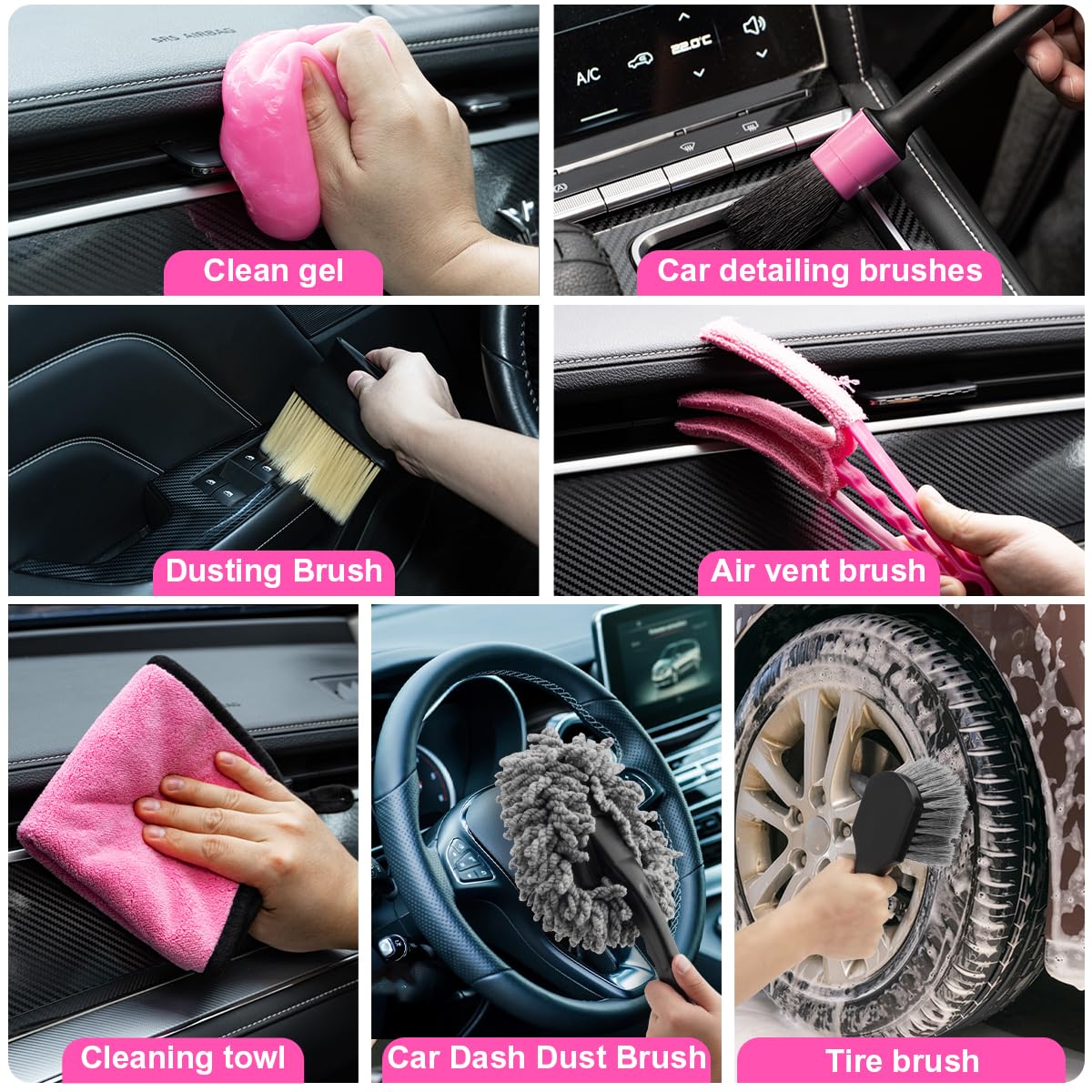 Viewsun Car Vacuum Cordless Rechargeable, 8000PA High Power Handheld Vacuum Cleaner with 17PCS Car Cleaning Kit, Pink Auto Accessories for Women Gift