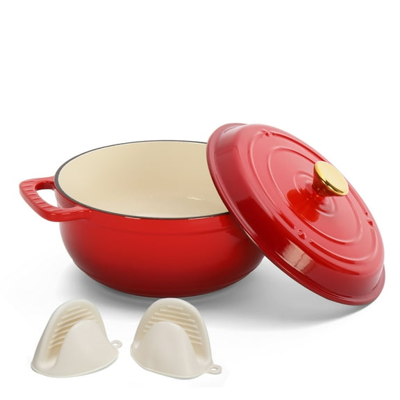 BAYUELSWU 5QT Enameled Cast Iron Cooking Pot with Lid, NonStick Round Enamel Pot with Two Silicone Gloves for Oven, Grill, Campfire & Stovetop Safe (Red)