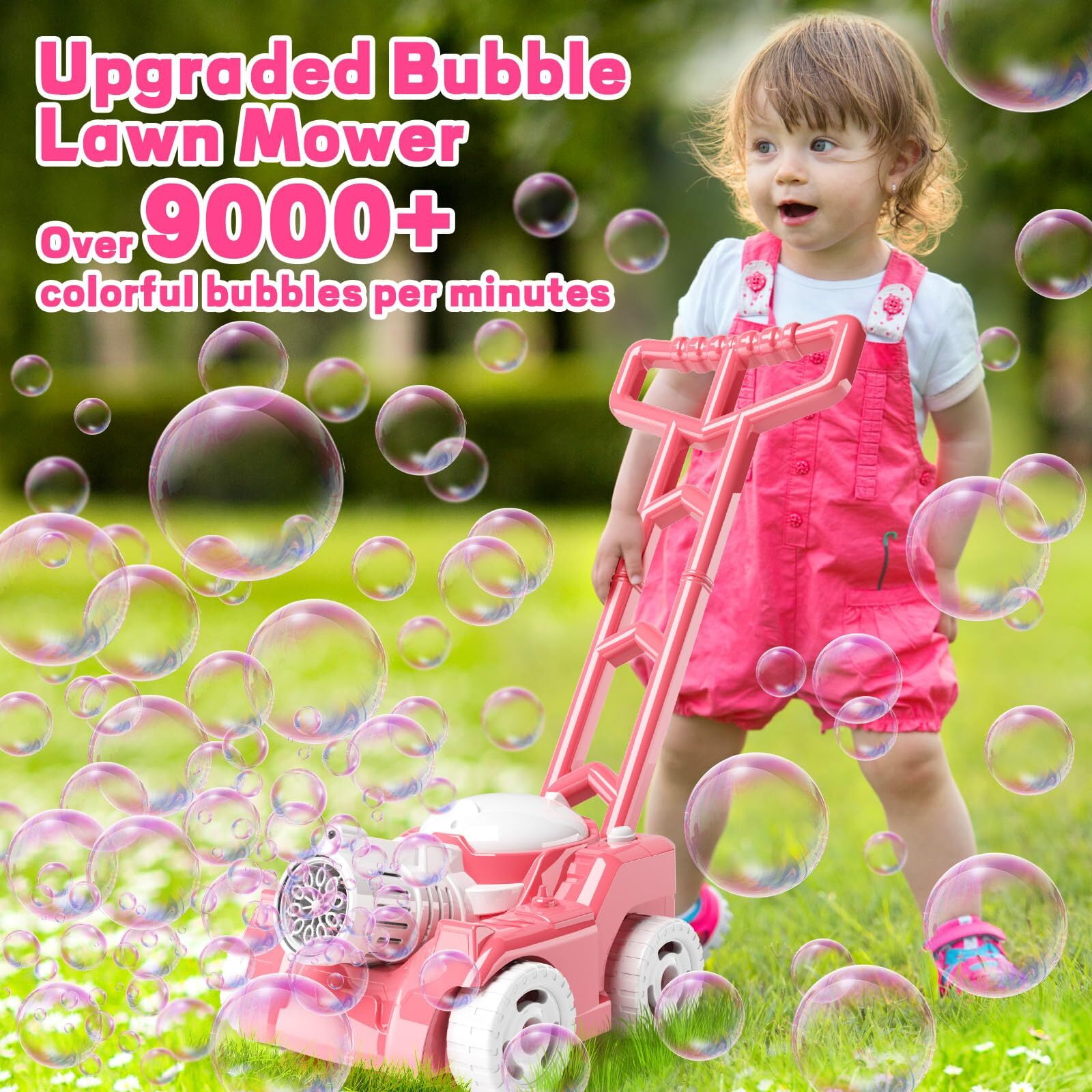 JBeeCtrl Bubble Machine Bubble Lawn Mower for Kids Toddlers Automatic Push Toys Summer Outdoor Toys Bubble Maker for Boys Girls 3-6 Years（Pink）