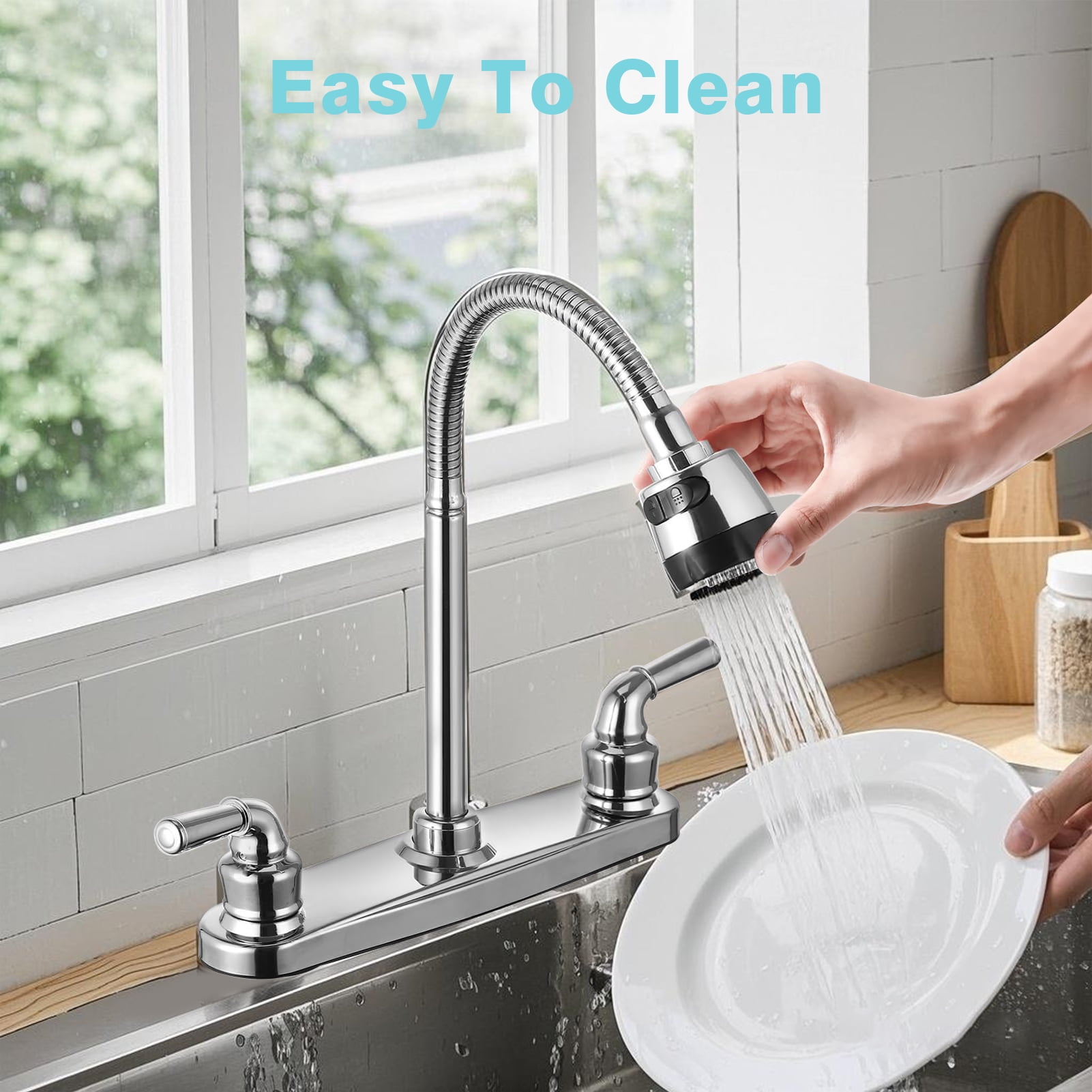 RV Kitchen Faucet, Non-Metallic Camper Kitchen Sink Faucet 8 Inch 2 Hole Double Handles with Flexible Arch 360 Degree Rotatable Spout for Campers, Motorhome, Travel Trailer, Chrome