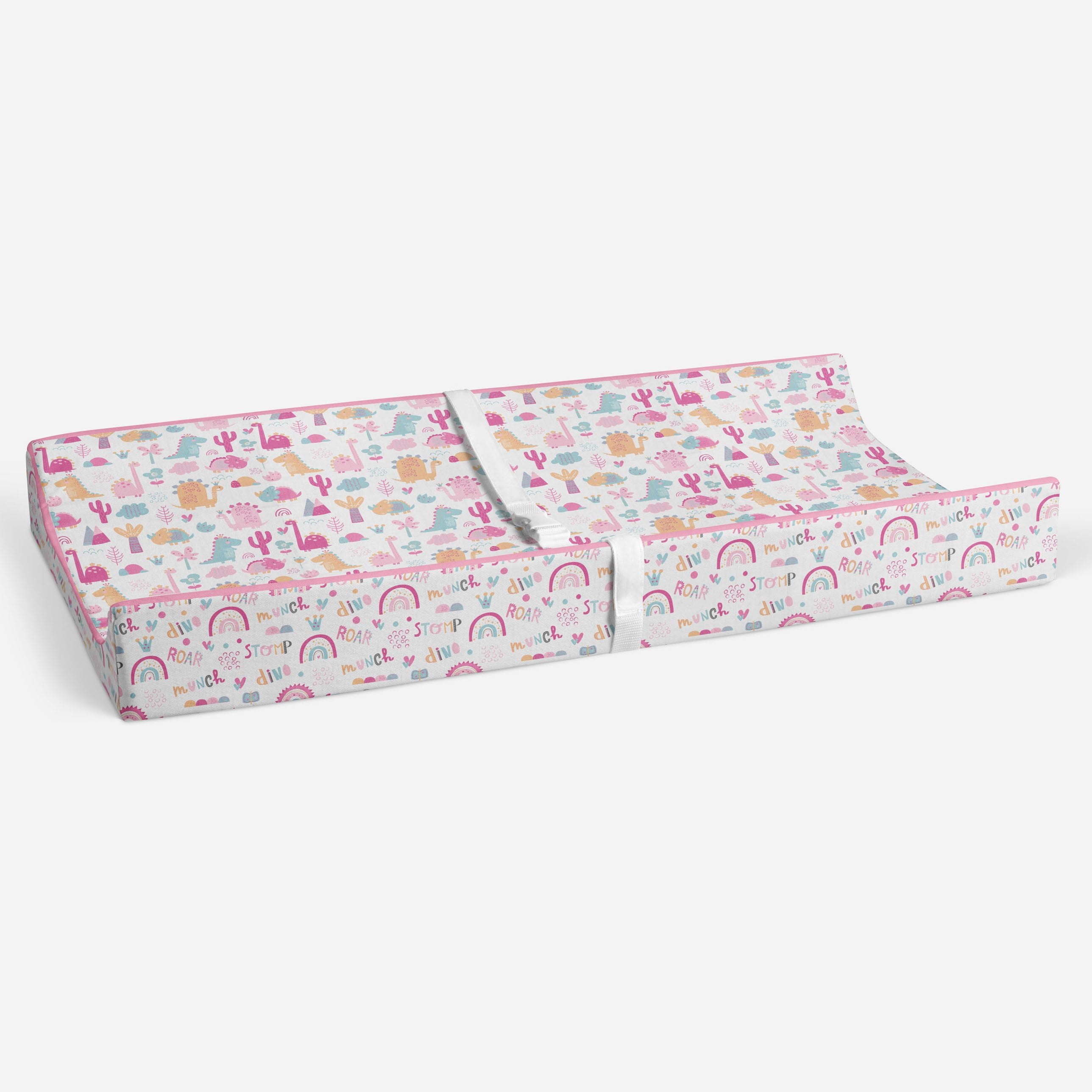 Bacati - Muslin Quilted Changing Pad Cover, Little Dino Girls Pink/Fuchsia/Aqua/Orange