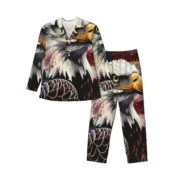 Balery Retro American Eagle A Pijama para Hombre de Dos Piezas con Manga Larga, Conjunto de Dormir y Descanso Suave con Bolsillos-XX-Large
