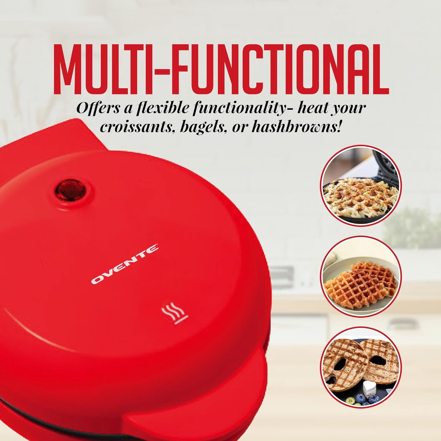 OVENTE Electric Mini Waffle Maker, 550W Fast Heating Element with Overheat Protection, 4-Inch Non-Stick Plates and Cooking Surface, Perfect for Breakfast, Hash Browns, Keto Chaffles, Red WM215R