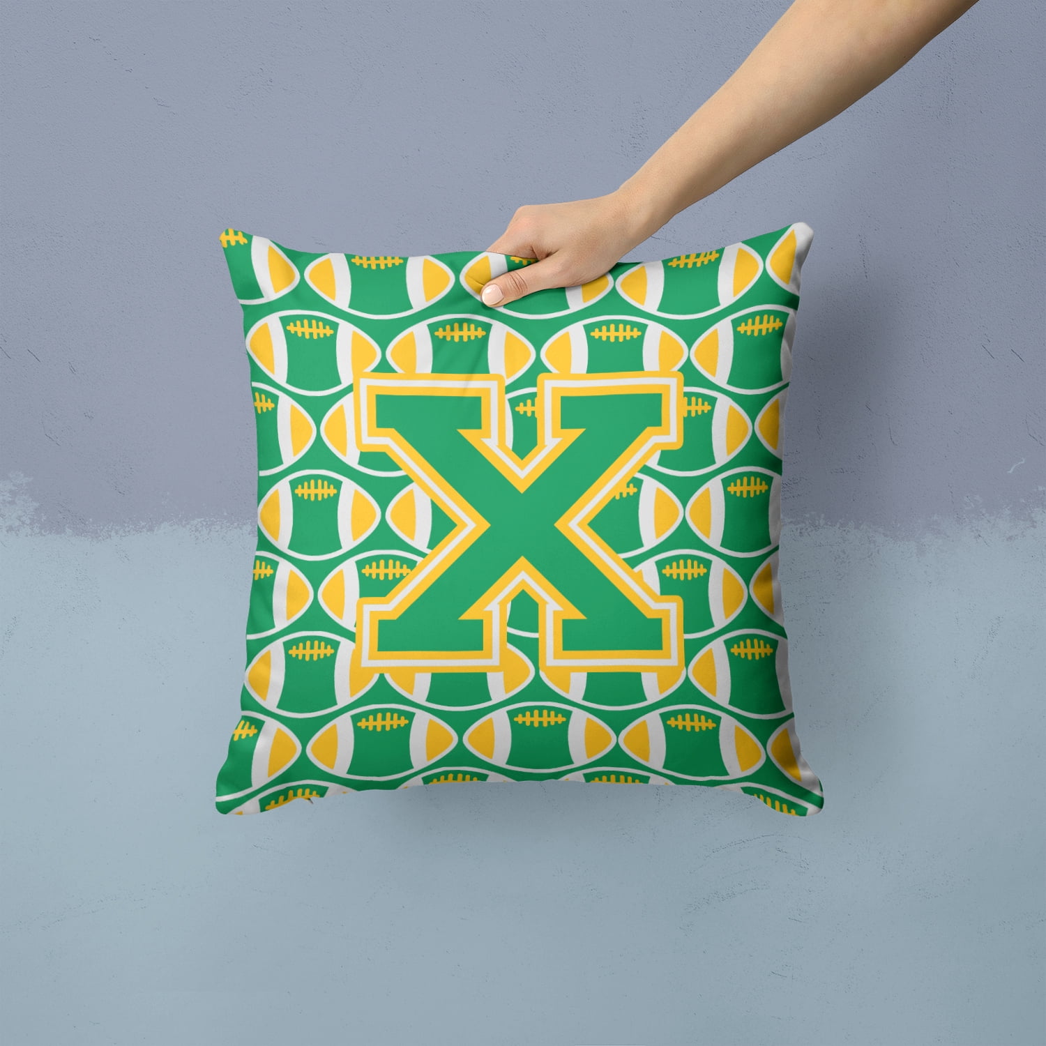 Letter X Football Green and Gold Fabric Decorative Pillow