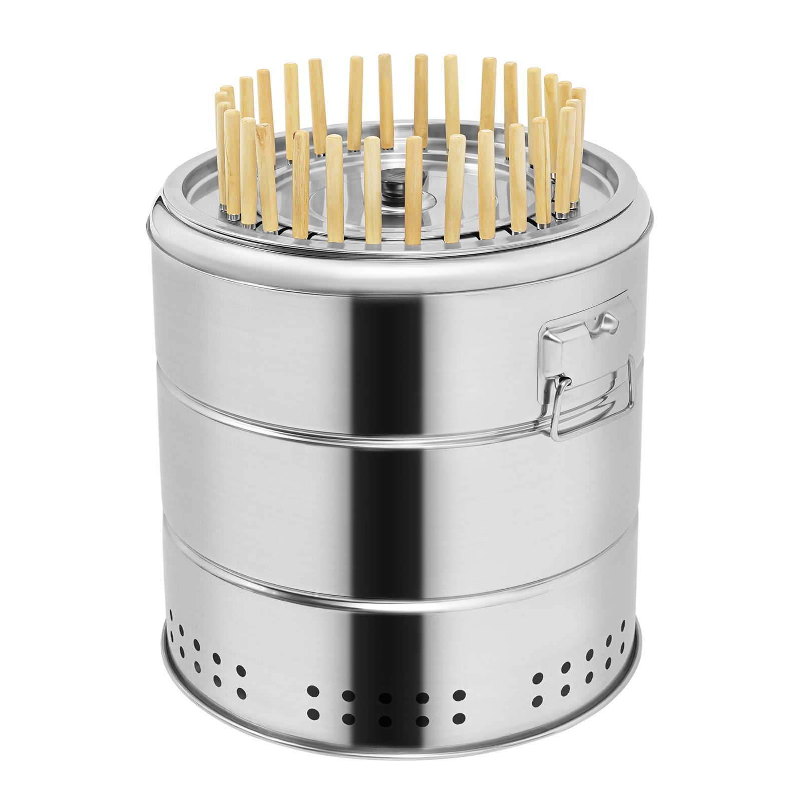 Portable Smokeless Barbecue Charcoal Barrel Grill, Stainless Steel Surround Charcoal Kebab Grill with 30 Skewers and BBQ Grill Cooking Grate, Barbecue Charcoal Barrel Grill