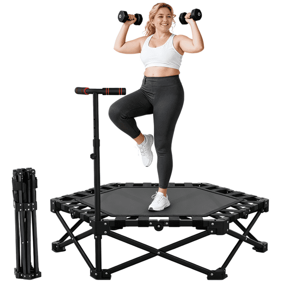 FUNTOK 48" Foldable Mini Trampoline 440lbs, 95% Assembled Fitness Trampoline Rebounder w/ Silent Bungees, Adjustable Handle Exercise Rebounder for Adults Indoor Garden Workout