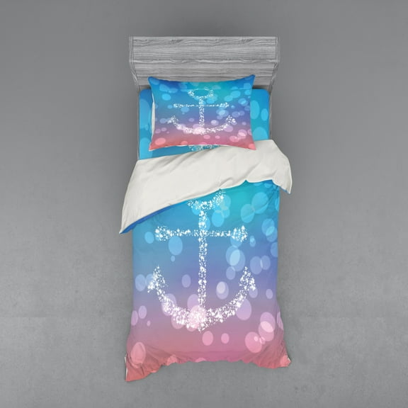 Anchor Duvet Cover Set, Starry Fairy Marine Bubbles on Abstract Blurry Scenery Marine Element Artprint, Bedding Set with Shams and Fitted Sheet, 3 Sizes, by Ambesonne