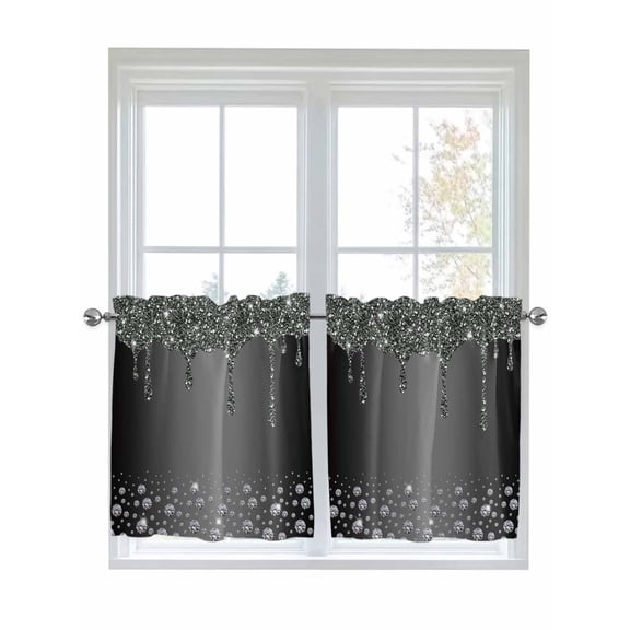Half Window Curtains 24 Inches Long, Black Grey Window Treatment Curtain Drapes, Modern Abstract Diamond Luxury Gradient Short Curtains Tiers for Kitchen Over Sink, 27.5"x24", 2 Panels
