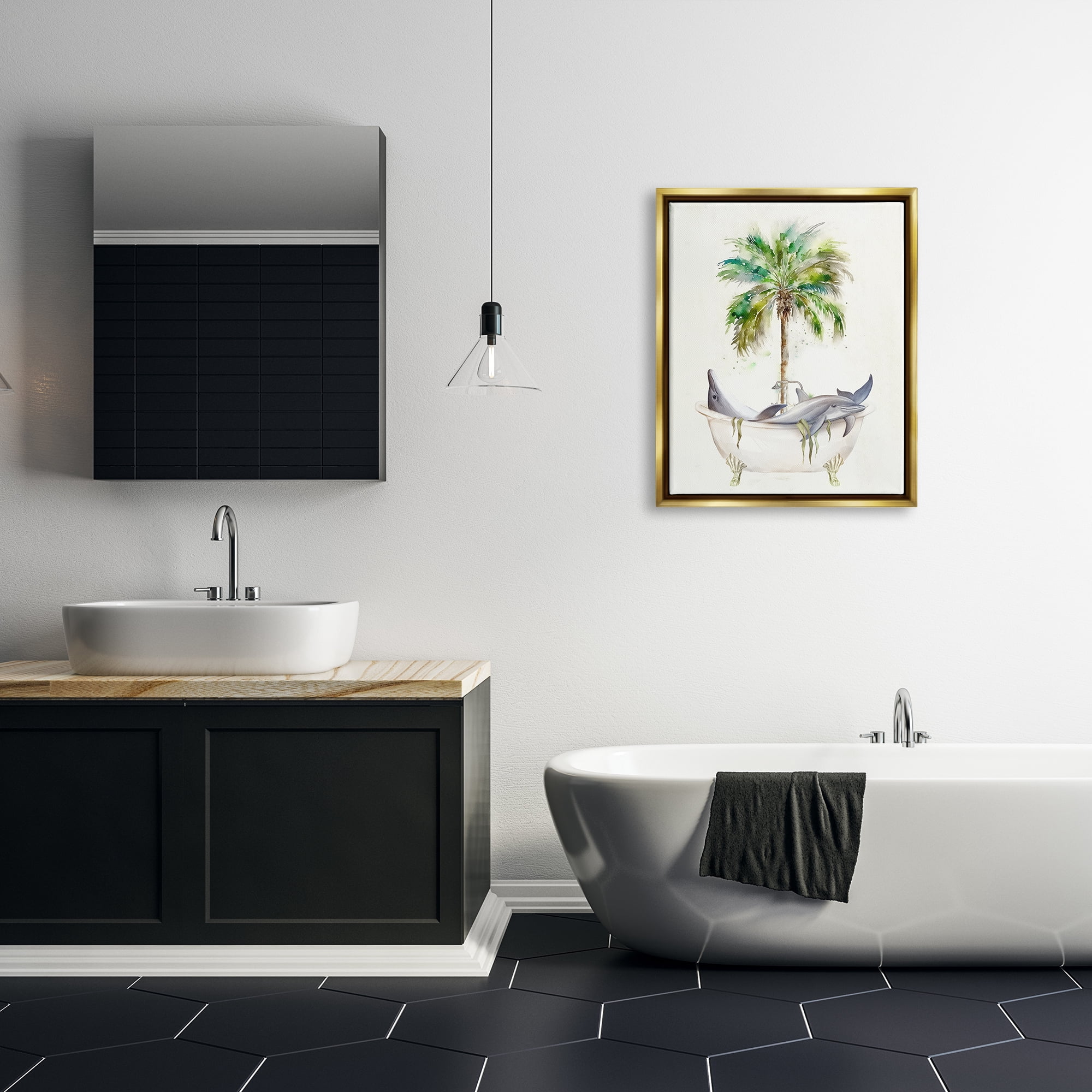 Stupell Tropical Dolphins Bathroom Tub Animals & Insects Painting Gold Floater Framed Art Print Wall Art