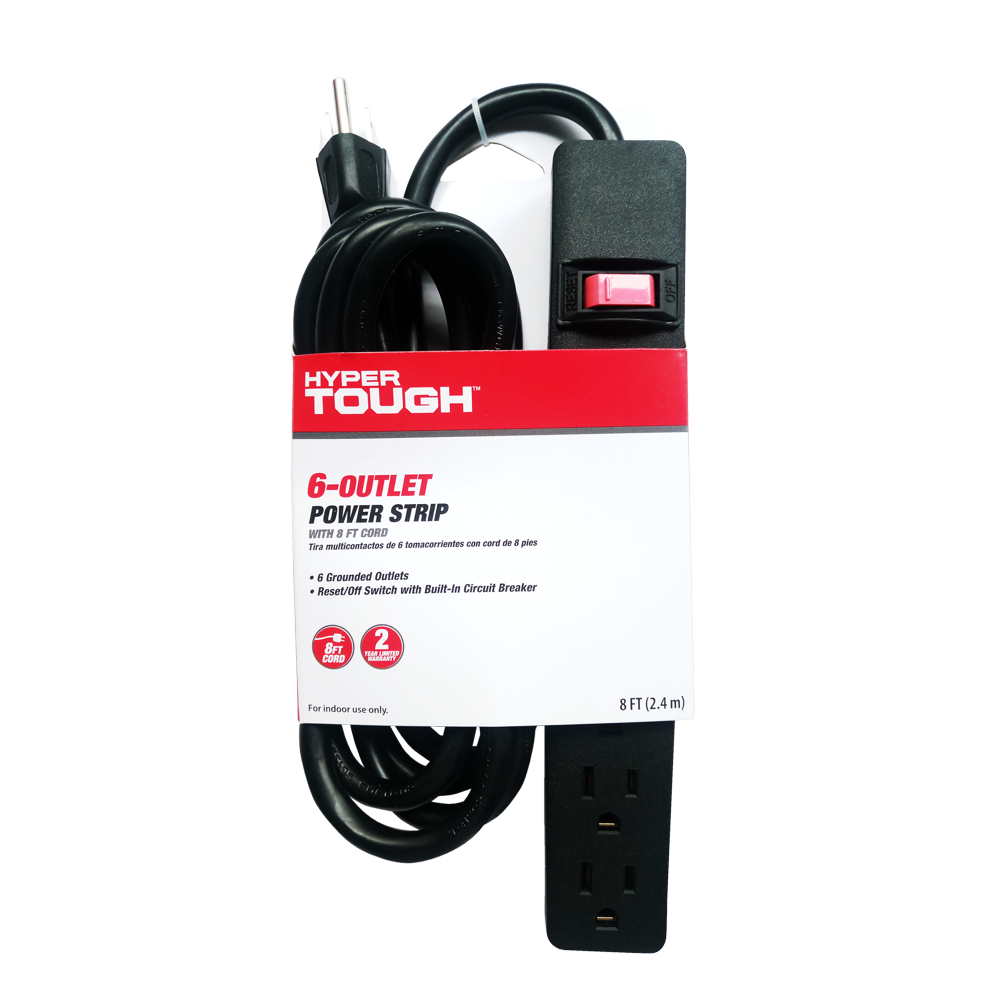 Hyper Tough 6 Outlets Power Strip with 8 ft. Cord, Black, Single Pack