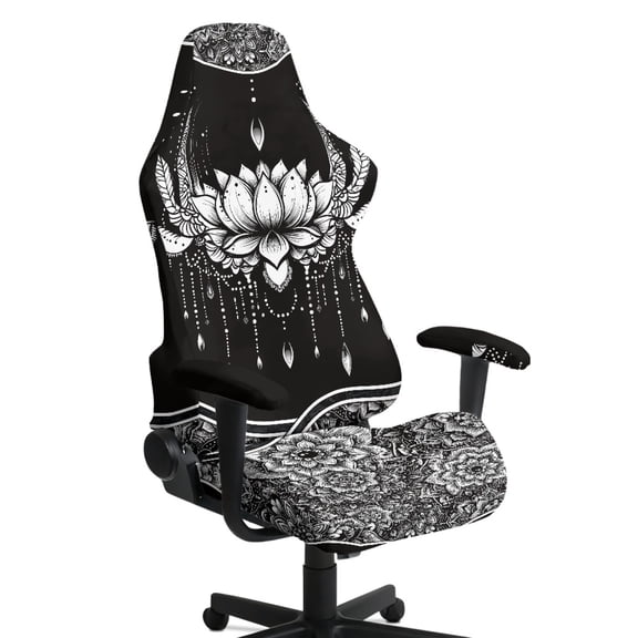 HELLHERO Black White Lotus 4 Pack Gaming Chair Covers with Armrest Covers, Stretch Spandex Computer Chair Covers Soft Breathable for Office Home