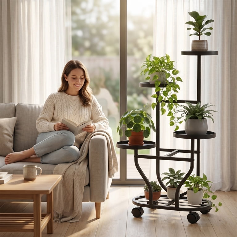 5-Tier Rolling Metal Plant Stand with Lockable Wheels photo 8