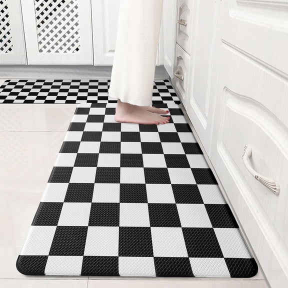 BPPEG Black Checkered Grid Checkerboard Kitchen Rug Sets [2 Pcs],Anti-Fatigue,Waterproof Non-Slip Kitchen Mats Heavy Duty Ergonomic Comfort Foam Rug for Floor,Home,Laundry,17"X29" 17"X47"