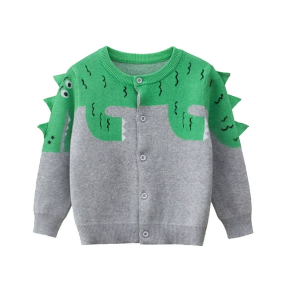 KHONTS Toddler Boys Cartoon Dinosaur Button down Crew Neck Cardigan Cotton Knit Sweater Jacket, Sizes 1-7 Years Grey 90
