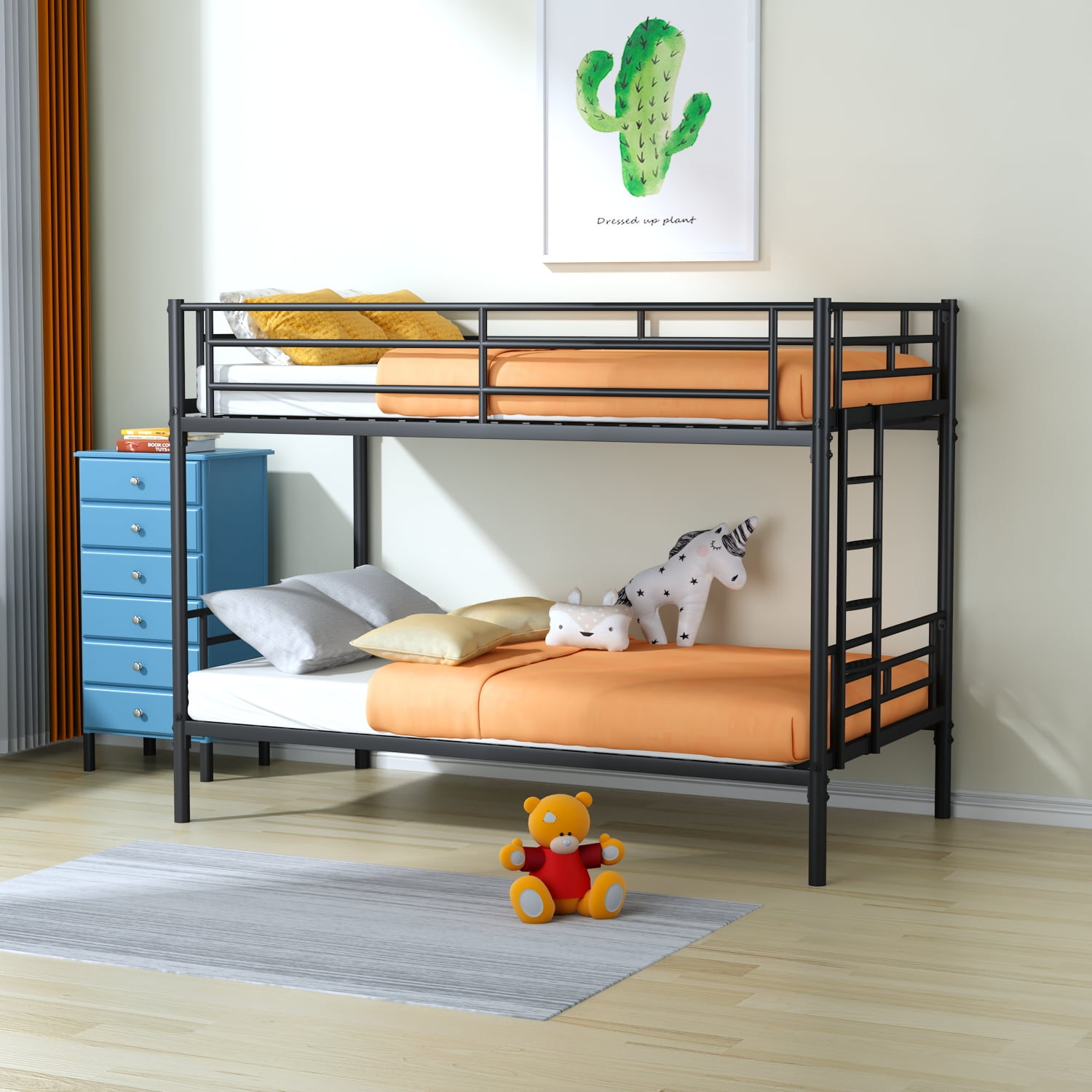 Kadyn Twin Over Twin Metal Bunk Bed, Steel Over Twin Bunk Bed with Removable Ladder, Modern Bunk Bed Frame for Teens, Black