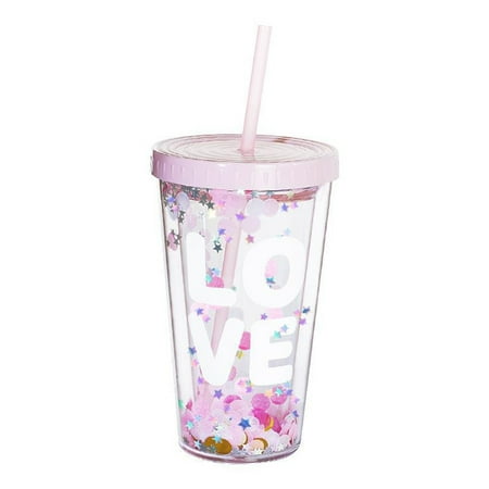 

Trayknick Water Bottle Eco-friendly English Letter Pattern Plastic Sequins Drinking Water Straw Cup for Travel