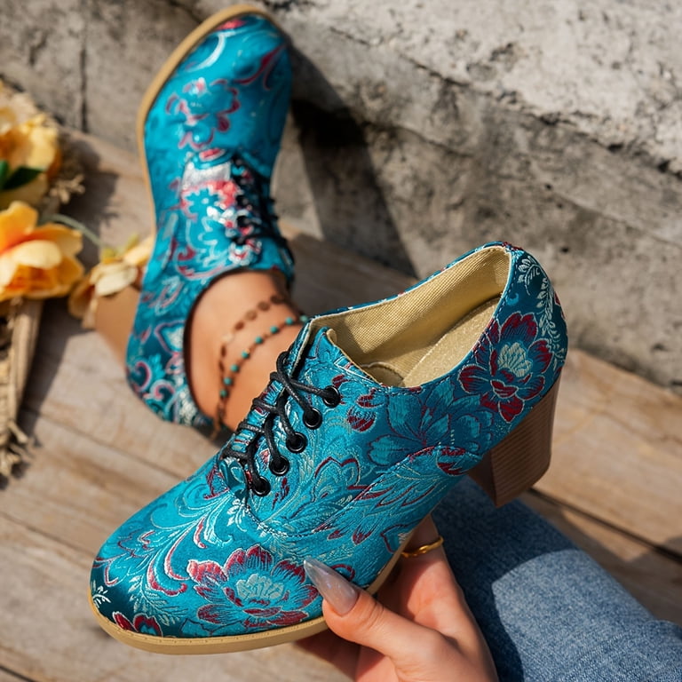 blue floral dress shoes Womens Oxfords Round Toe Lace up Stacked Heeled Pumps Vintage Bohemian Print Chunky High Heels Size 6 Color:Navy Floral 5% rubber le weekend Shaping Full Coverage Multipurpose