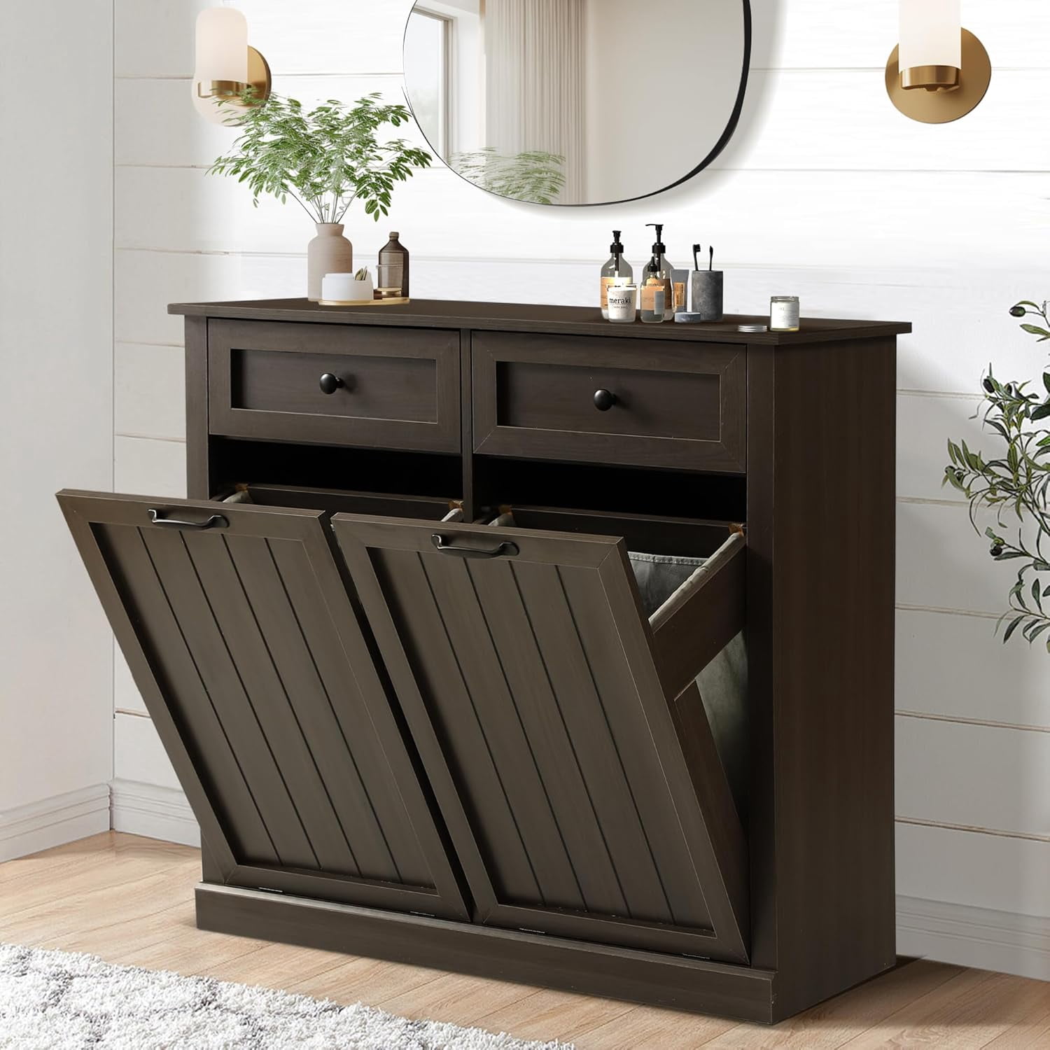 Haverchair Double Tilt Out Laundry Hamper Cabinet, Modern Farmhouse Trash Can Cabinet w/2 Drawers, Wooden 20 Gallon Hidden Garbage Cabinets with 2 Laundry Storage Baskets for Kitchen and Bathroom