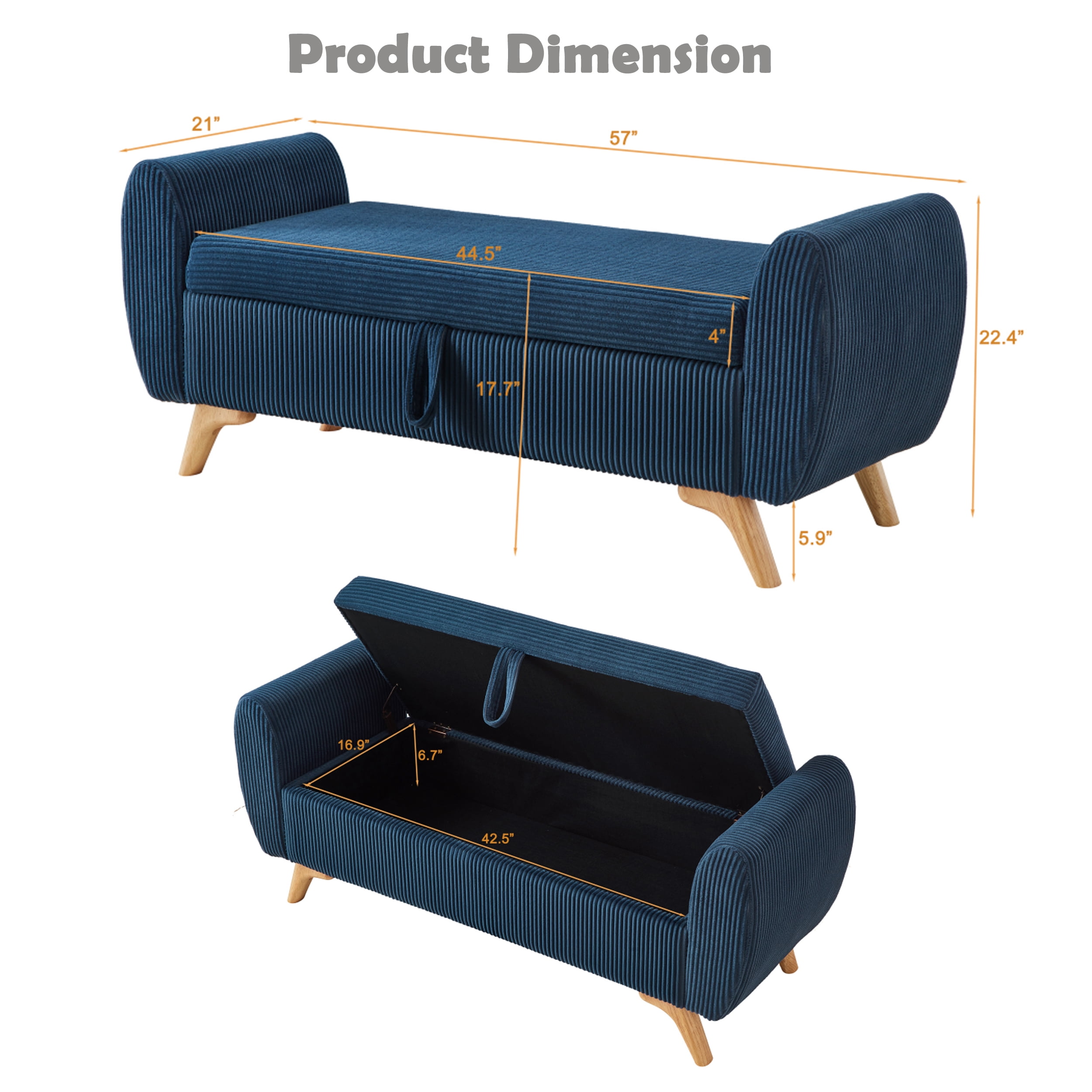 Storage Bed Bench 57 Inch, Corduroy Upholstered Bench with Flip Top Storage for Bedroom Hallway, Blue