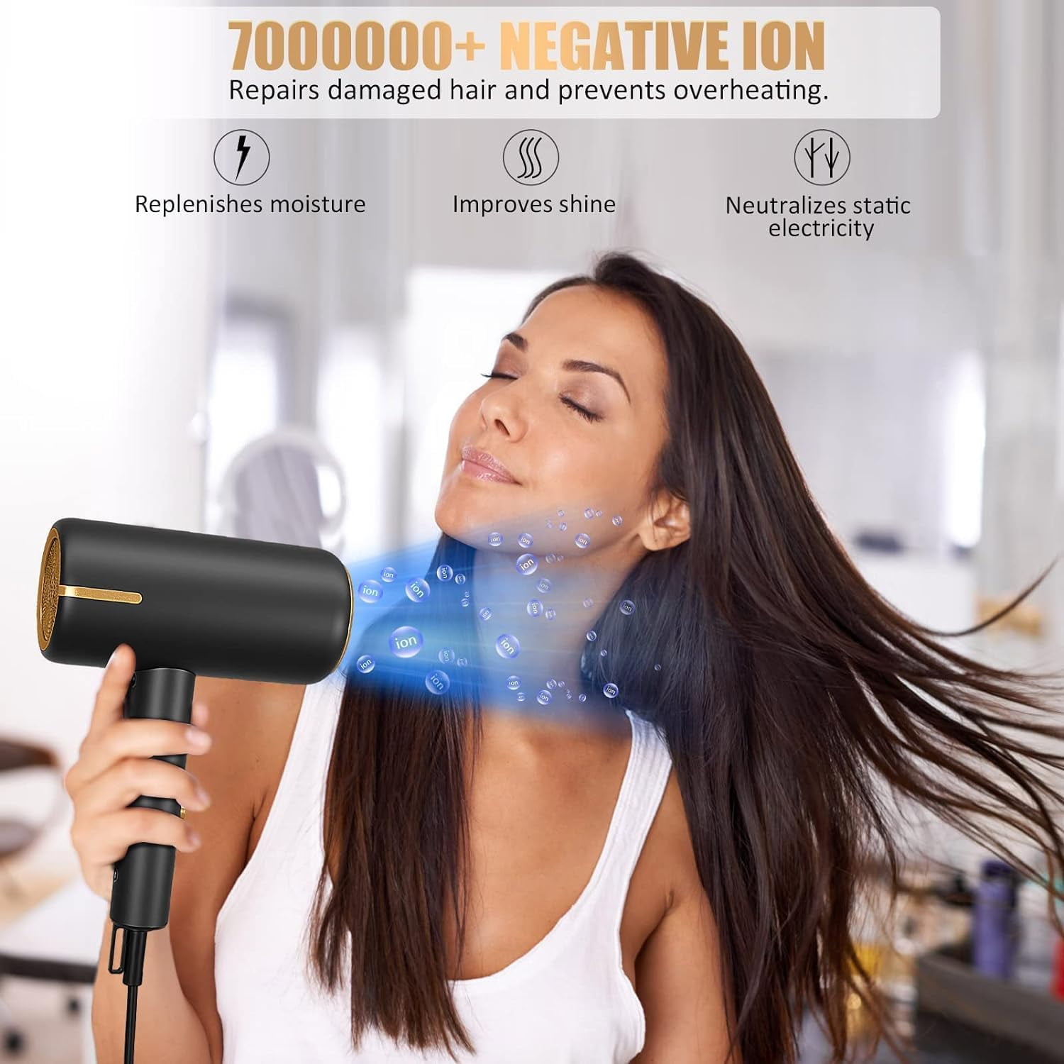 2025 1600W Ionic Hair Dryer, Professional Negative Ion Hair Blow Dryer with Diffuser &2 Nozzles for Curly Hair, Powerful AC Motor, 3 Heating/2 Speed/Cold Settings for Women Men Kids Salon(Grey)