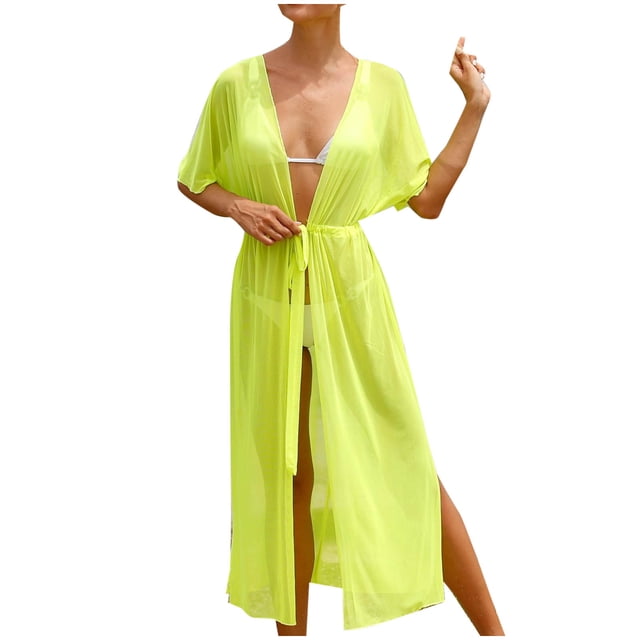 Plebaso Womens Swimsuit Coverup Mesh See Through Bathing Suit Long Cardigan Open Front Cover up with Drawstring