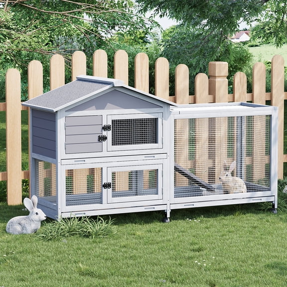 Rabbit Hutch with Weatherproof Asphalt Roof, Large Bunny Hutch with Wheels & Pull-Out Tray, Rabbit Cage Guinea Pig Cages for Small to Medium Animals, Indoor Outdoor Use, Grey