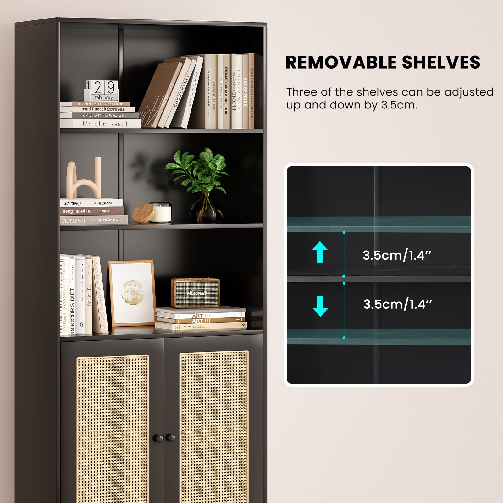 Aukfa Tall Storage Cabinet with Rattan Doors, 5-Tier Wooden Bookcase, Farmhouse Multi-Purpose Cabinet for Living Room,Black