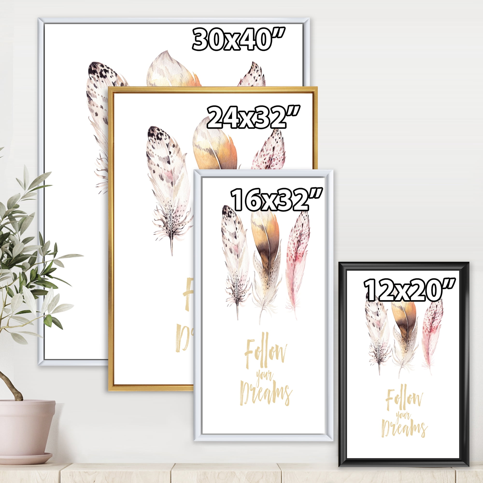 Designart 'Multicolored Boho Art Feathers Follow Your Dreams' Bohemian & Eclectic Framed Canvas Wall Art Print