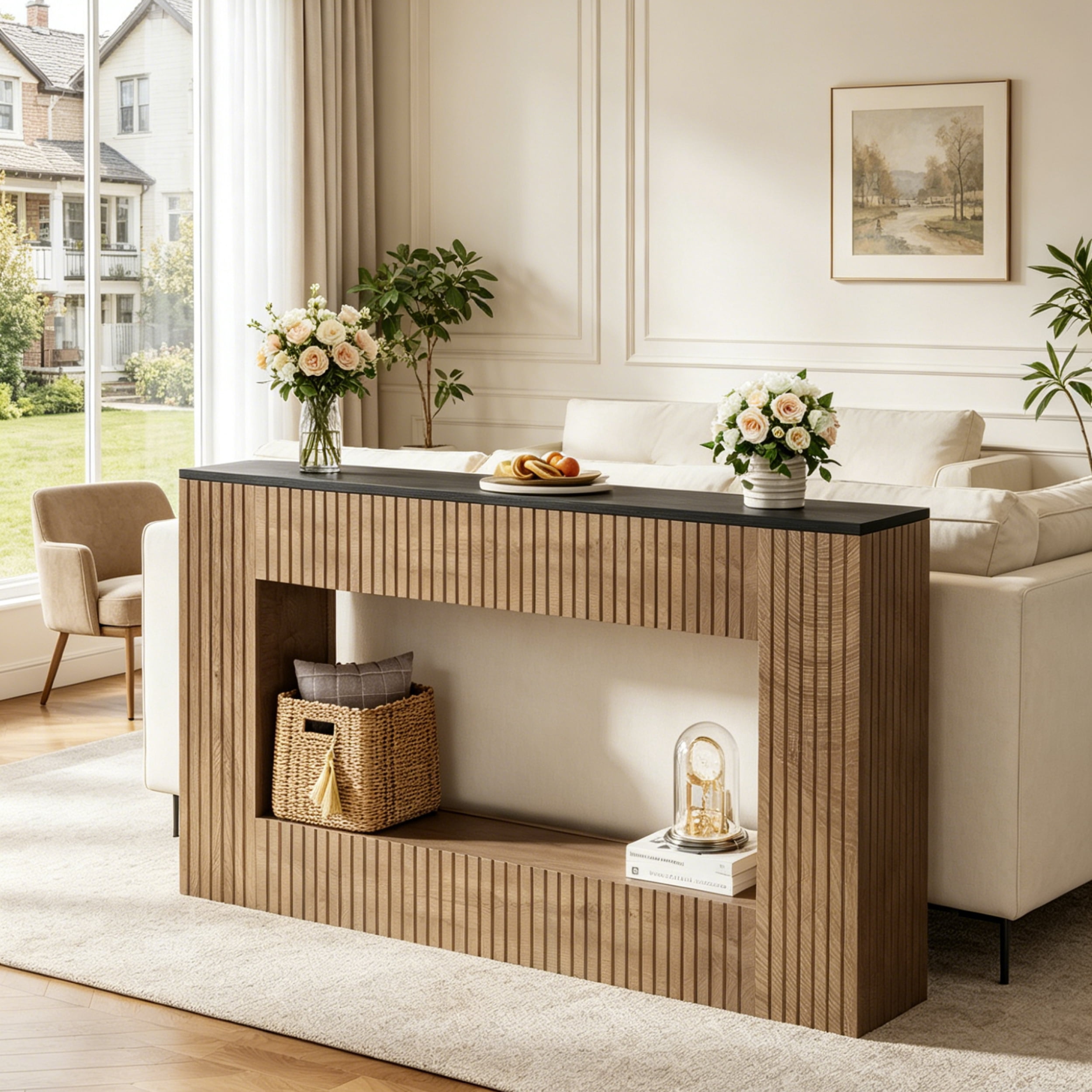 Fnova 55" Modern Console Table with 2-Tier Storage, Farmhouse Wood Entryway Table, Narrow Sofa Table for Living Room, Hallway, Behind Couch