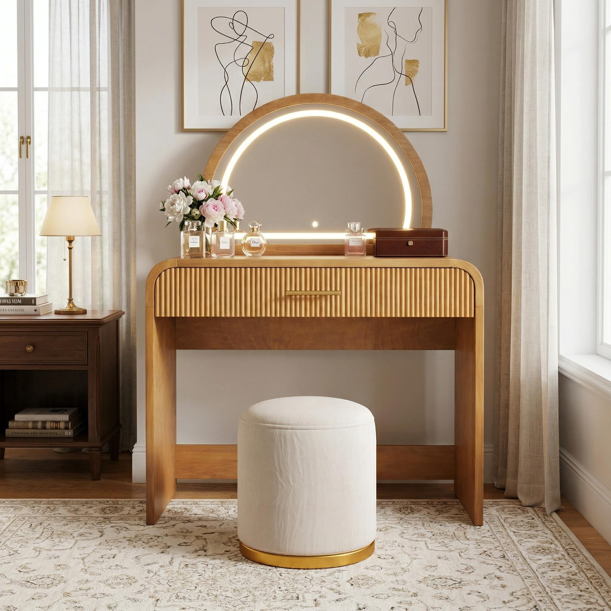 Homy Casa Vanity Table with Lighted Mirror, Large Drawer & Wood Makeup Desk for Bedroom