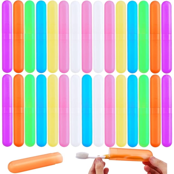 30 Pack Travel Toothbrush Case, Plastic Portable Toothbrush Storage, Dust-Proof Toothbrush Case, Breathable Toothbrush Holder for Travel Business Camping School Home, 7 Colors