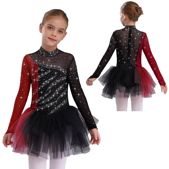 Doomiva Kids Girls Shiny Rhinestone Figure Ice Skating Dress Long Sleeve Ballet Lyrical Dance Dress for Performance Black Burgundy 14