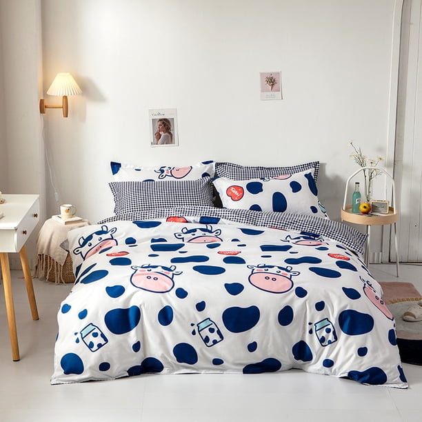Blue Cows Print Duvet Cover Set Animal Cow Hide Pattern Doodle Cartoon Drawing Microfiber