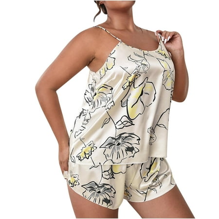 

Summer Savings Clearance 2023! PEZHADA Womens Pajama Sets Plus Size Imitation Silk Pajamas Two-piece Fashion Printed Casual Shorts Home Clothes Suit Sexy Backless Suspender Skirt Yellow XXXXL