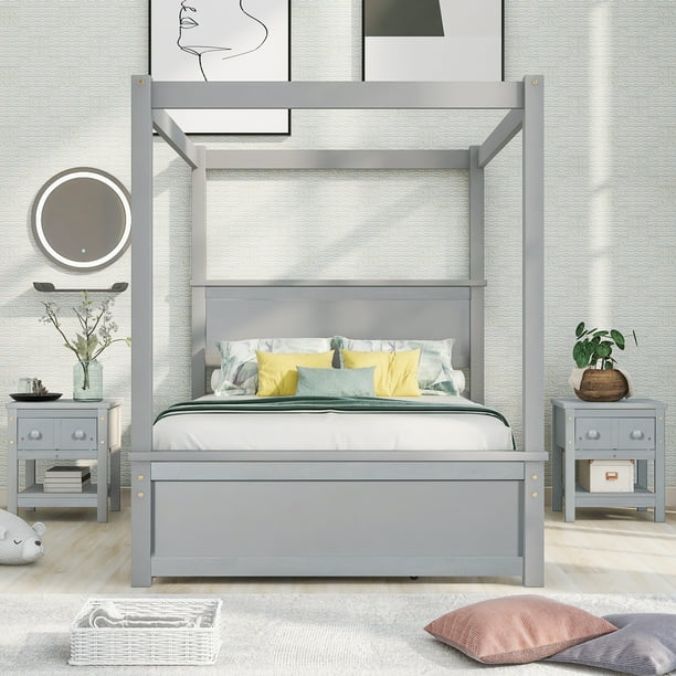 Full Size Wood Canopy Bed with Trundle Bed and Two Nightstands，Bedroom