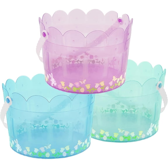 Easter Buckets for Egg Hunt, Set of 3 Clear Kids Easter Baskets with Handles, Empty Plastic Easter Pails for Easter Party Favors, Green, Blue, Purple