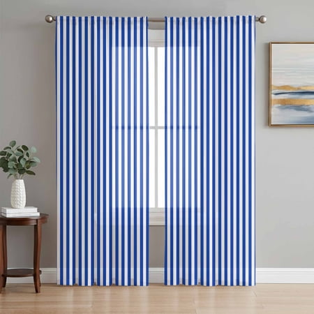 Navy Blue Stripe Semi Sheer Curtains 84 Inch Length 2 Panels Set Modern White Vertical Striped Geometric Sheer Kitchen Curtain Privacy Voile Window Curtain for Living Room Bedroom Rod Pocket Drapes