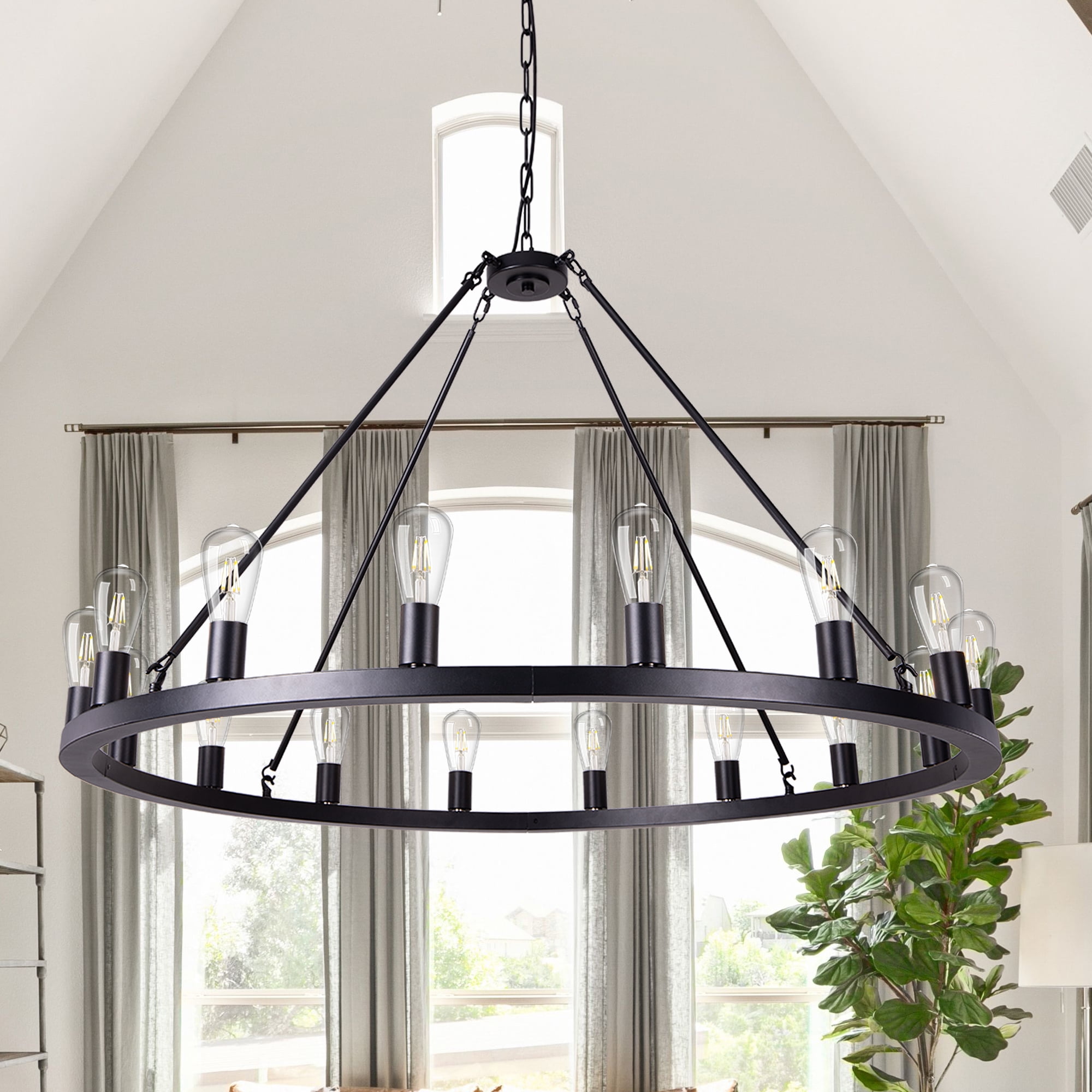Wellmet Matte Black Wagon Wheel Chandelier 16-Light Diam 47 inch, Farmhouse  Rustic Industrial Country Style Large Round Pendant Light Fixture for 