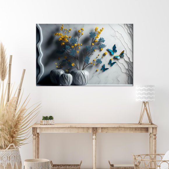 Botanical Wall Hanging With Flowers And Butterflies Printed On Luxury Framed Canvas For A Modern Artistic Touch To Your Home Decor