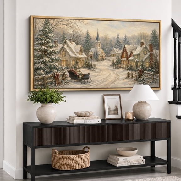 Large Framed Canvas Wall Art Snowy Village Christmas Landscape Print for Living Room Decoration - 60"x30" Natural Frame