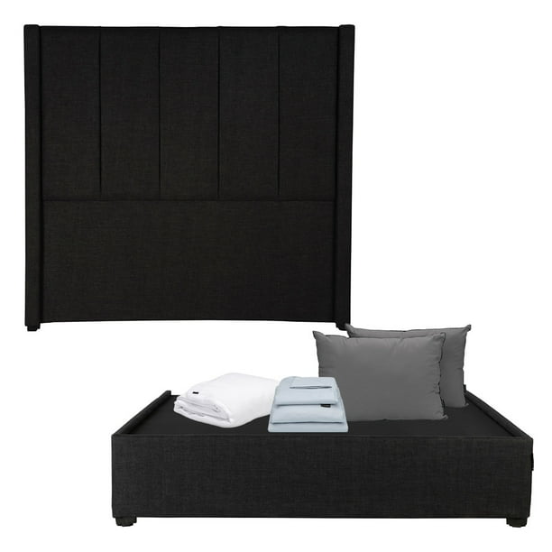 Box Base Cama Quee Size+Cabecera Nizza Negro+Almohada 2Pack+Protector Cloud+Sabanas Softy