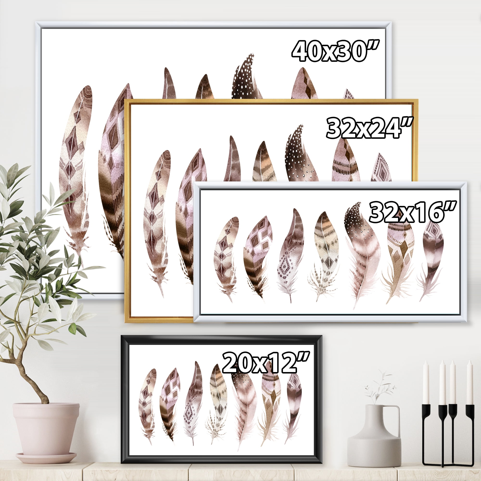 Designart 'Colourful Boho Art Feather Set X' Bohemian & Eclectic Framed Canvas Wall Art Print