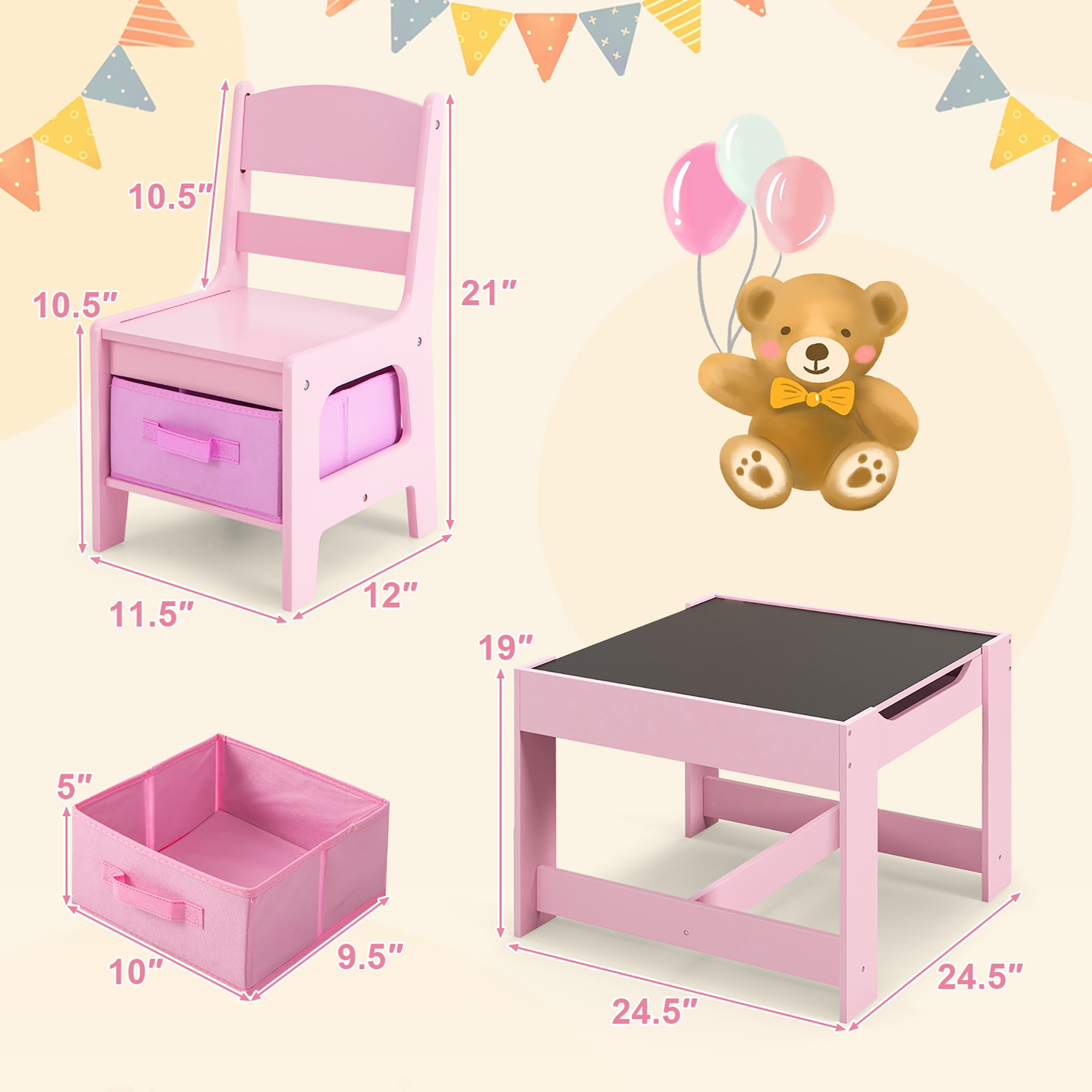Gymax 3 in 1 Kids Wood Table Chairs Set w/ Storage Box Blackboard Drawing Pink