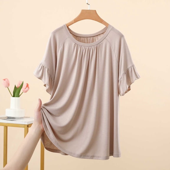 ClodeEU Women's Modal Crew Neck Ruffle Trim Short Sleeve T-Shirt,Loose Solid Color Casual Summer Top Beige,Women's Plus L