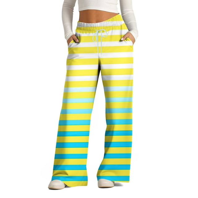 LOVZFMLL Women's Pants, Fashion Striped Print Drawstring Wide Leg Trousers Yellow, S