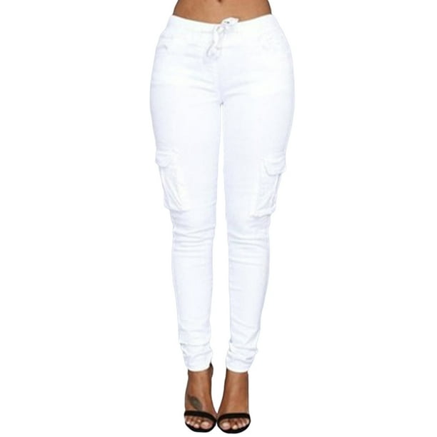 HEVIRGO Casual Women Solid Color Skinny Cargo Pants Pockets Drawstring Joggers Trousers White 4XL