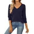 thumbnail image 3 of WTOBBY Women's Casual V-Neck Sweater Base Layer, Knitted Long Sleeve Solid Color Top for Layering and Everyday Outfits, Comfortable and Versatile,Navy XL, 3 of 6