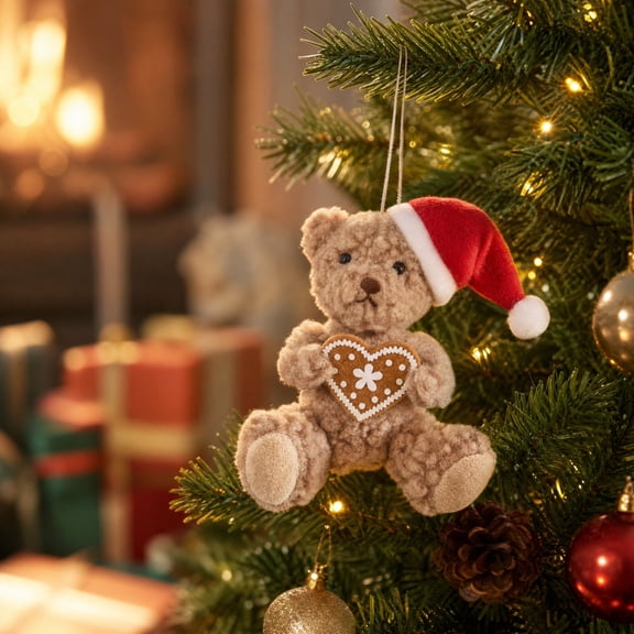 Christmas Bear Hanging Ornament, Cute Cotton Plush Teddy Bear Pendant Decor for Xmas Tree Window Door Wreath, Soft Holiday Figure for Home Office Party Display